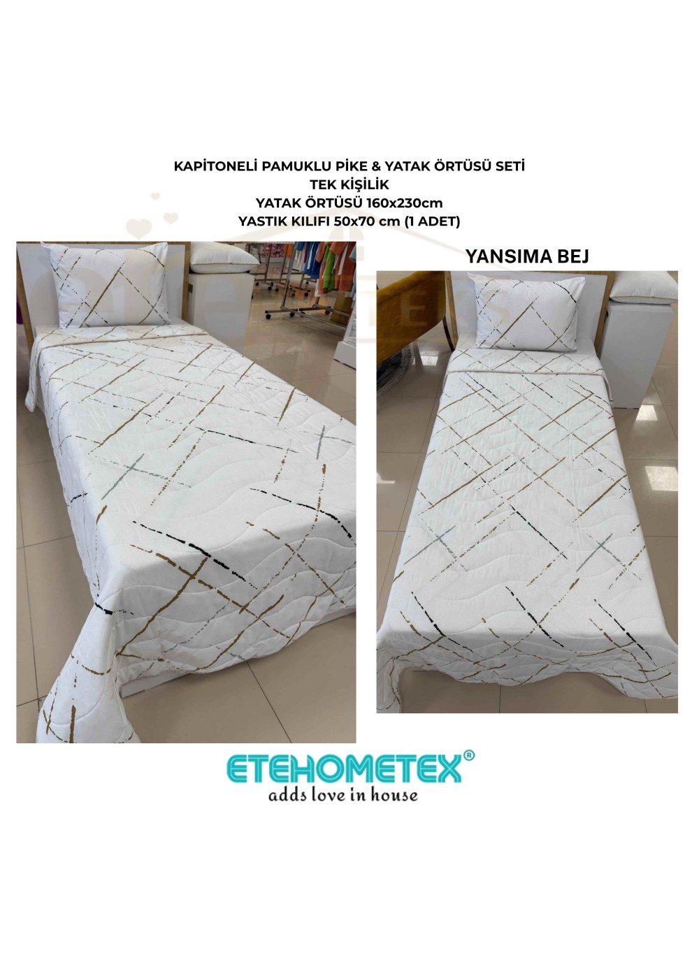 ETEHOMETEX Pamuklu Kapitoneli Yatak Örtüsü Seti TEK KİŞİLİK YANSIMA BEJ 8696474232106